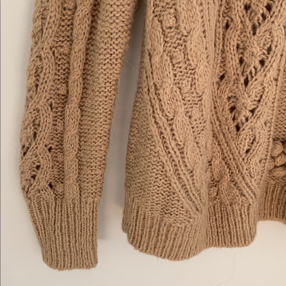 J. Crew Cable Knit Pointelle Sweater With Popcorn Flowers Large Tan Fisherman - Picture 5 of 11
